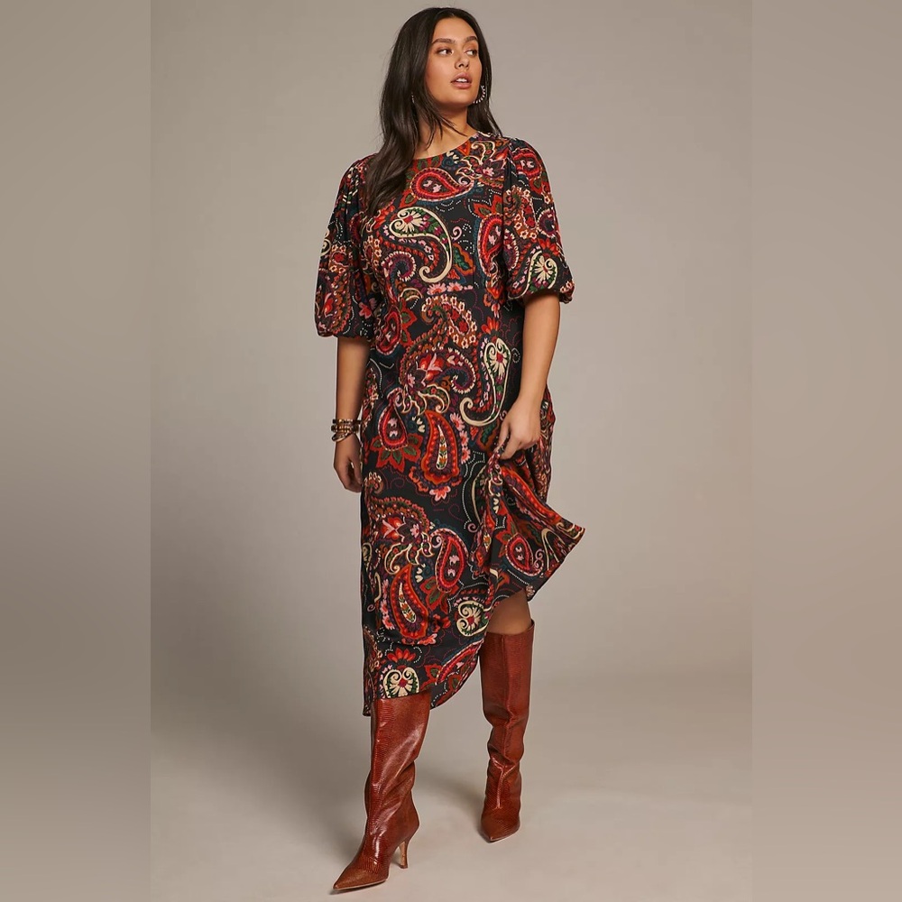 Anthropologie Kachel Puff-Sleeve Midi Dress Colourful Floral Paisley XL Petite